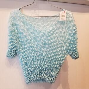 Y2K Popcorn Top Blue Stretchy Top‎ New Travel Aqua Blue Size XL